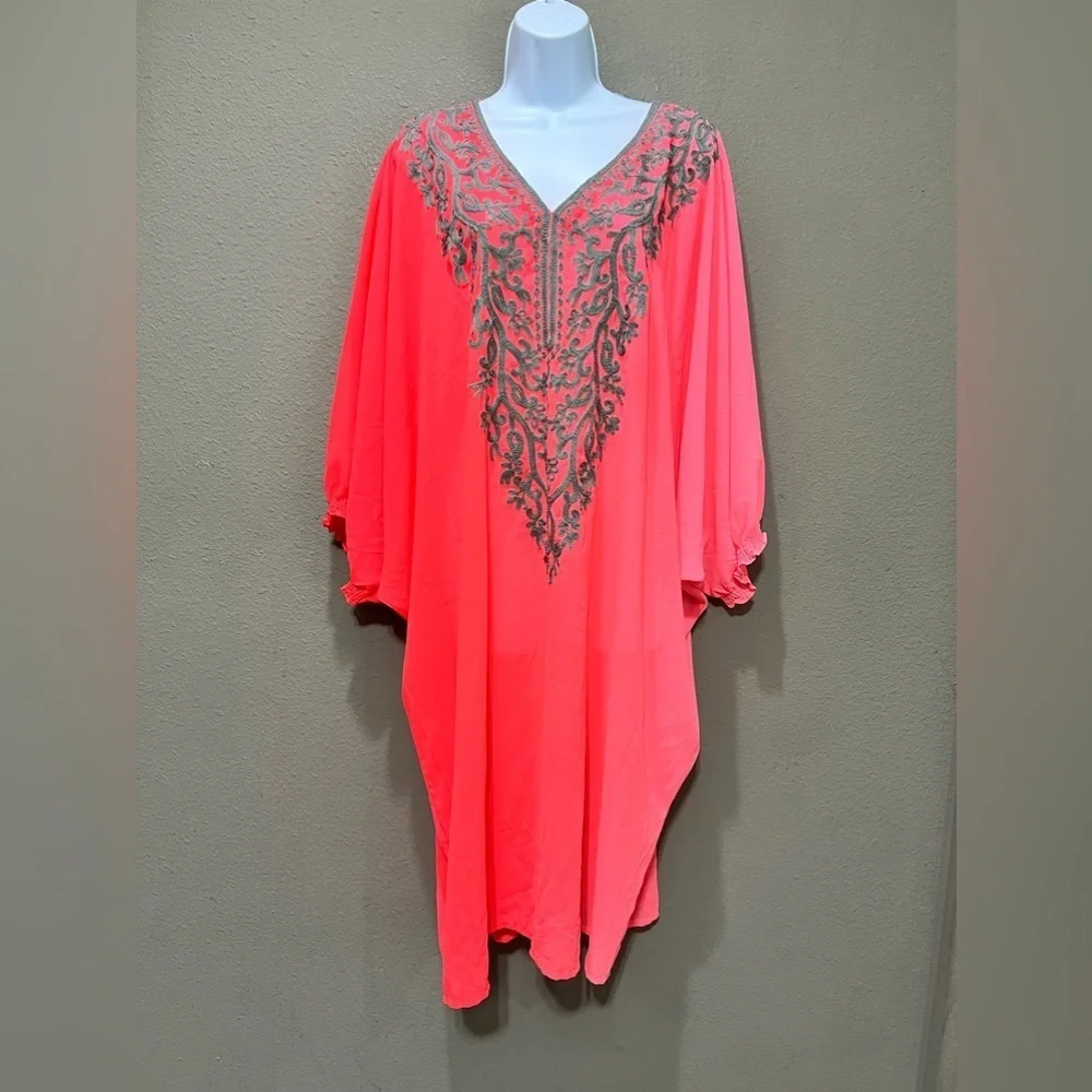 Natural Impressions Pink Hombre Embroidered Kimono Swim Cover Dress One Size